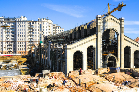 Moscow, Russia - April, 1, 2019: Reconstruction of an old house in a center of Moscow, Russiaのeditorial素材