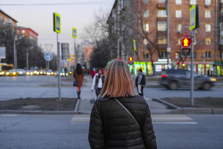 pedestrians on a crossroad in Moscow, Russiaの写真素材