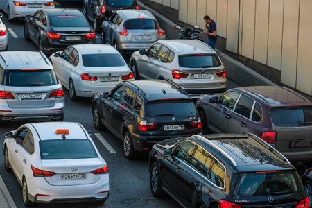 Moscow, Russia - April, 27, 2019: traffic jam in Moscow, Russia