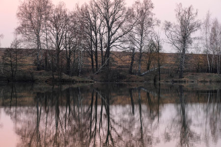 Landscape with the image of spring lake at sunset