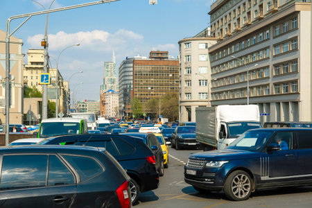 Moscow, Russia - April, 27, 2019: traffic jam in Moscow, Russia