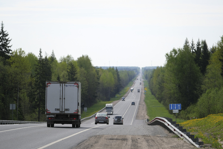 Tver region, Russia - May, 15, 2019: truck on a highway M-10 in Tver region, Russiaのeditorial素材