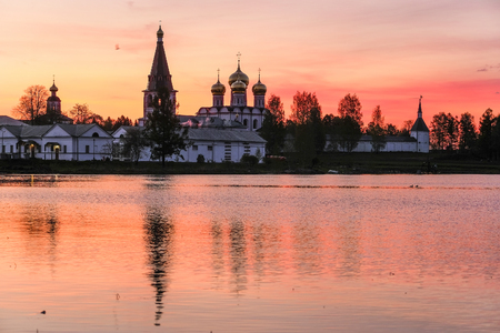 Panorama of the Iversky Monastery in Valdai in Russia at sunsetのeditorial素材