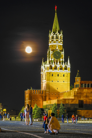 Mosocw, Russia - May, 20, 2019: Red Square and Moscow Kremlin at moon nightのeditorial素材