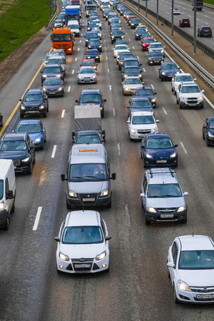 East Butovo, Moscow region, Russia - May, 6, 2019: weekend traffic jam on a highway in Moscow region, Russiaのeditorial素材