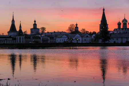 Panorama of the Iversky Monastery in Valdai in Russia at sunsetのeditorial素材