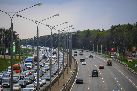 East Butovo, Moscow region, Russia - May, 6, 2019: weekend traffic jam on a highway in Moscow region, Russiaのeditorial素材