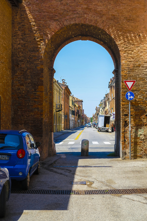 Ferrara, Italy - July, 11, 2019: cars on a parking in a center of Ferrara, Italyのeditorial素材