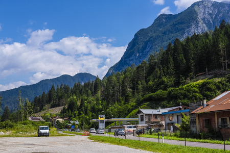 Trento region, Italy - July, 31, 2019: mountain parking in Italian Alpsのeditorial素材