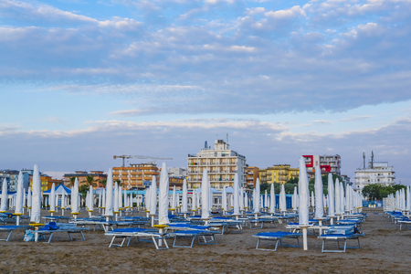 Sottomarina, Italy - July, 29, 2019: sea beach in Sottomarina, Italy, at sunriseのeditorial素材