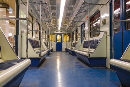 Moscow, Russia - August, 8, 2019: interior of Moscow subway carriage.のeditorial素材