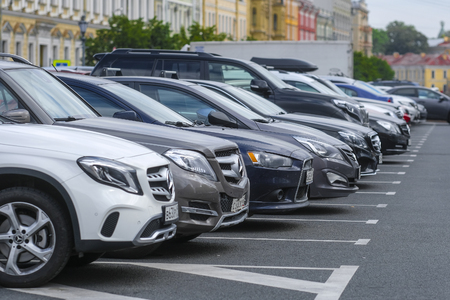 Saint-Petrsburg, Russia - August, 14, 2019: cars parking on the street in a center of Saint-Petrsburg, Russiaのeditorial素材