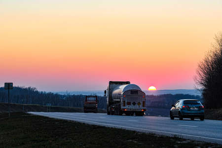 Tula region, Russia - November, 2, 2021: traffic on Rostov highway in Tula region, Russiaの写真素材