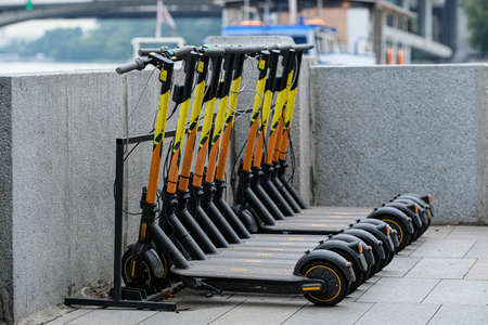Moscow, Russia - August, 8, 2021: electrical scooters on a parking in a center of Moscow, Russiaのeditorial素材