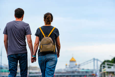 Moscow, Russia - August, 8, 2021: A couple walks in the rain along a pedestrian street in the center of Moscowのeditorial素材