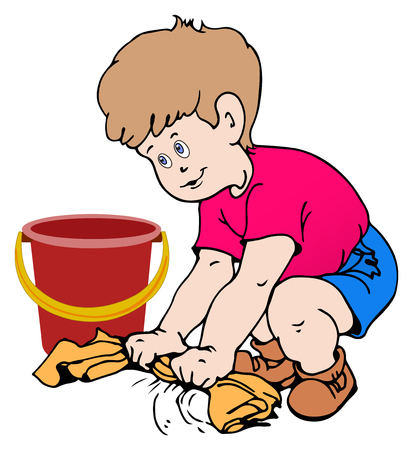 Boy cleaning the floor with a rag illustrationのイラスト素材