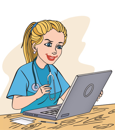 Medical doctor woman sitting at desk in medical officeのイラスト素材