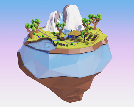 3d illustration of polygonal flying island. Low poly landscape.の写真素材