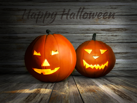 Jack lantern with candle light inside on wooden background. 3D illustrationの写真素材