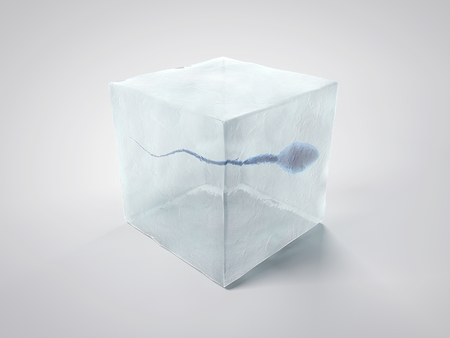 Sperm in ice cube on white background. Minimalistic. Sperm Bank. 3D illustrationの写真素材