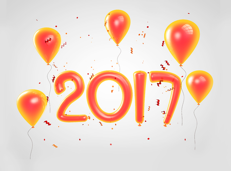 2017 Happy new year balloons. Happy New Year background with orange number ballons with confetti and serpentine. 3D illustrationの写真素材