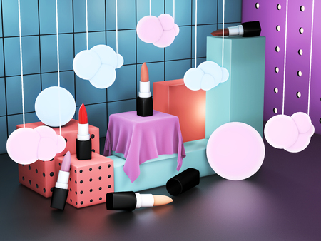 Lipstick showcase cube displays. Cosmetics exhibition space. Colorful showroom with open lipsticks. 3D illustrationの写真素材
