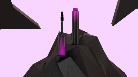 Opened realistic mascara tube on pedestal. Mascara close up 3d illustrationの写真素材