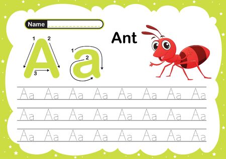 Colorful letter A Uppercase and Lowercase alphabet A, Tracing and writing daily printable A4 practice worksheet with cute cartoon animals - vector illustration exercise for kidsのイラスト素材