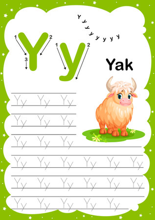 Colorful letter P Uppercase and Lowercase alphabet A-Z, Tracing and writing daily printable A4 practice worksheet with cute cartoon animals - vector illustration exercise for kidsのイラスト素材
