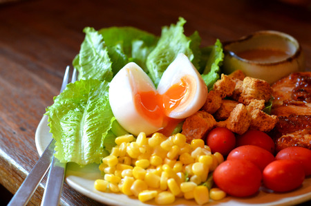 Close up and soft focus of homemade organic salad with roasted chicken - healthy concept, healthy lifestyleの写真素材