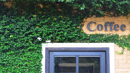 Facade of coffee shop with climber and security CCTV camera -  safety concept