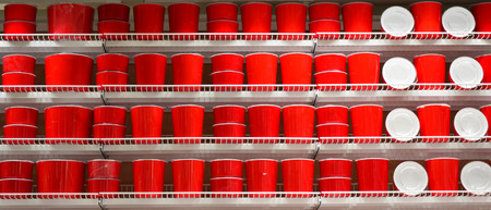 Stack of red food containersの写真素材