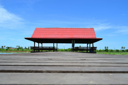 Red roof Thai pavilion with wooden bridge in lotus pondの写真素材
