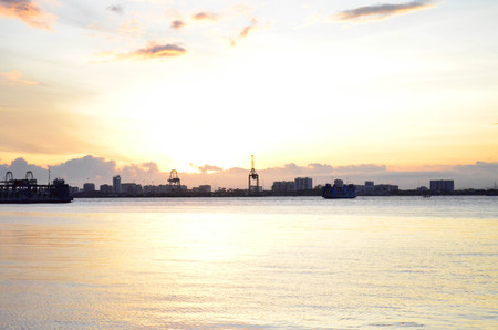 Morning panorama view of seaport container cargo freight industrial and cityscapeの写真素材