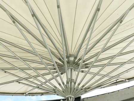 Bottom view of white canvas roof, architecture concept