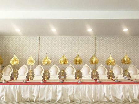 Monk seats for monk when making merit, chanting or praying or meditating in traditional buddhism ceremony, front viewのeditorial素材