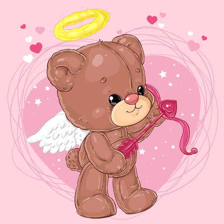 Cute little angel teddy bear with arrow of cupid on heart background. Greeting card with St. Valentine's Day. Children's character.のイラスト素材