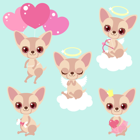 Set of cute chihuahua dogs for congratulations for a birthday or Valentine's Day. Romantic stickers. Children's characters. Kawaii puppies.のイラスト素材