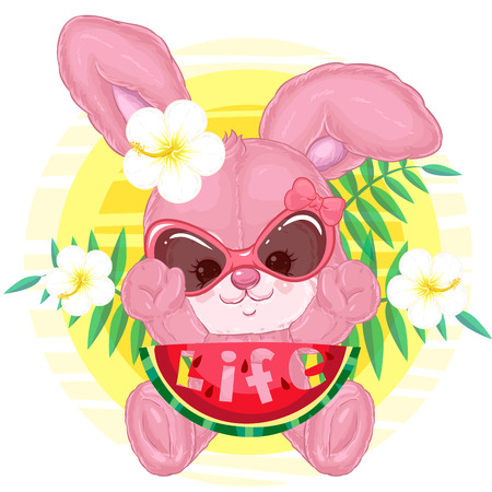 Cute plush bunny on vacation with watermelon in sunglasses and decorative hibiscus on the background of the sun and palm treesのイラスト素材