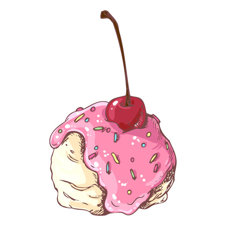 Ice cream ball in sweet syrup with cherry in doodle style for menu designのイラスト素材