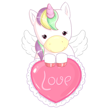 Cute rainbow unicorn with big heart. Valentine's day cardのイラスト素材