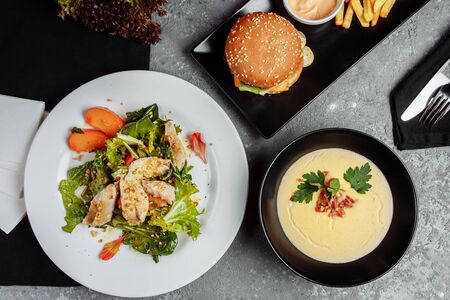 three-course set on a table in a business lunch restaurant.の写真素材