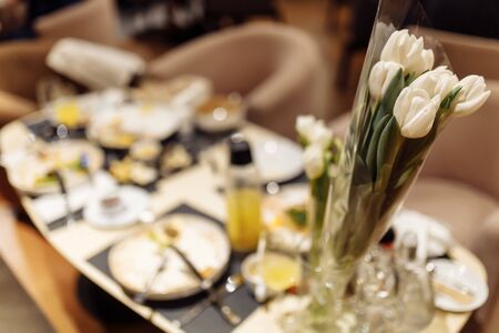 Picture of fresh tulip flowers in beautiful vase, happy mothers day, festive still life, love conceptの写真素材