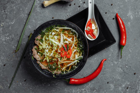 Asian cuisine, Beef soup fo in a black plate on a dark background. Soup Fo with Spicy beef broth,...