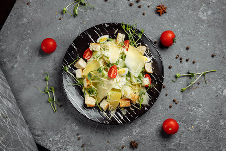 Fresh Caesar salad in a black plate on a gray background. Top view.