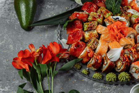 Sushi rolls set on a crystal tray. Rolls: Philadelphia, Green Dragon, Hawaii, Red Dragon, Ebi Shakeの写真素材