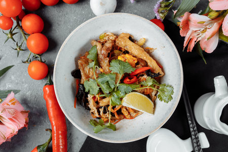 Udon noodles with chicken and peppers - Japanese cuisine.