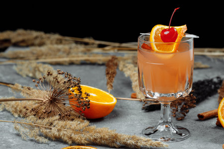 Mulled wine in glass glasses with apples orange and cinnamon. Hot Christmas drink on a grey...
