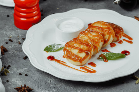 Cheesecakes with mint and sour cream. Yummy dessert.の写真素材