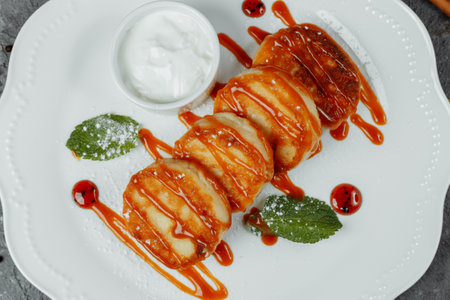 Cheesecakes with mint and sour cream. Yummy dessertの写真素材